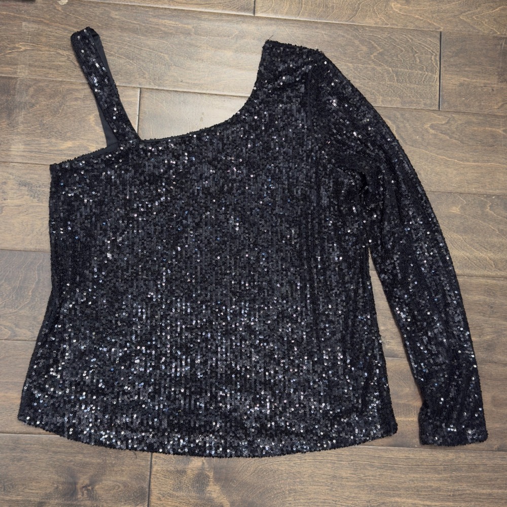Cable & Gauge Womens Black Sequin One Shoulder Long Sleeve Top Medium Lined